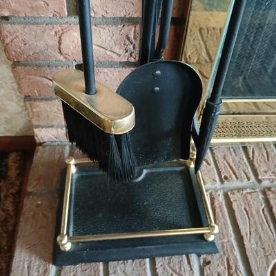 Gold handled Black iron Fireplace tool set with storage stand