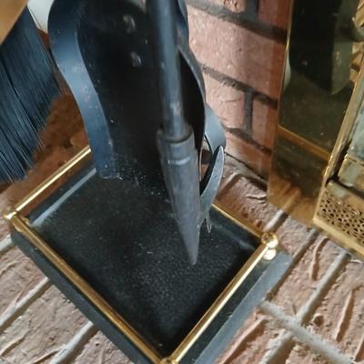 Gold handled Black iron Fireplace tool set with storage stand