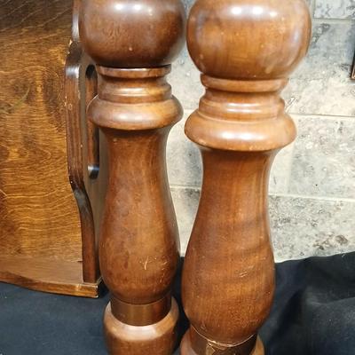 Vintage wood tray with wooden salt & pepper shakers and a wooden candle pillar