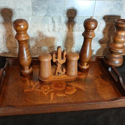 Vintage wood tray with wooden salt & pepper shakers and a wooden candle pillar