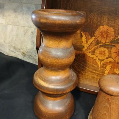 Vintage wood tray with wooden salt & pepper shakers and a wooden candle pillar