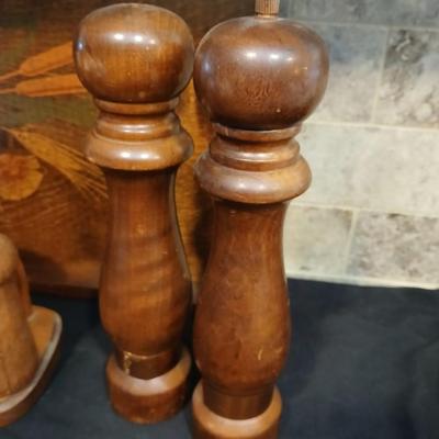 Vintage wood tray with wooden salt & pepper shakers and a wooden candle pillar
