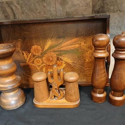 Vintage wood tray with wooden salt & pepper shakers and a wooden candle pillar