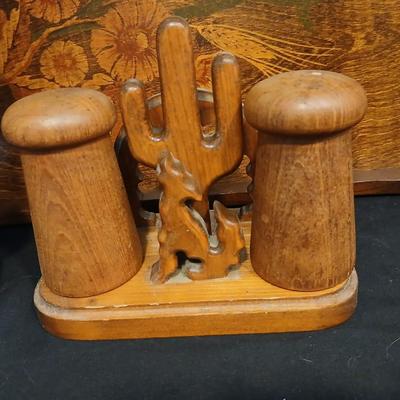 Vintage wood tray with wooden salt & pepper shakers and a wooden candle pillar