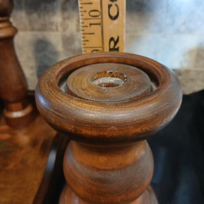 Vintage wood tray with wooden salt & pepper shakers and a wooden candle pillar