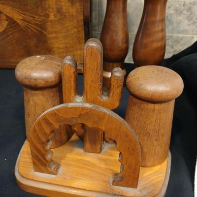 Vintage wood tray with wooden salt & pepper shakers and a wooden candle pillar
