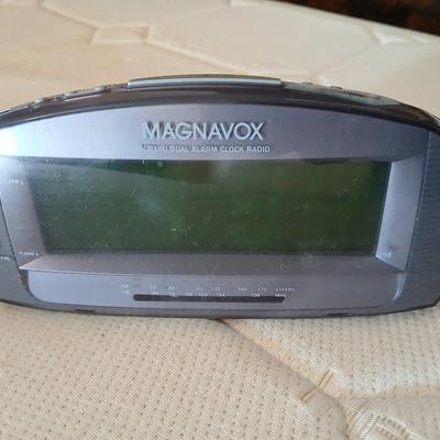 Two drawer Nightstand with Magnavox alarm clock am/FM radio