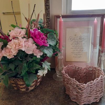 Basket of faux flowers, candle holders with candles, Mother poetry and more