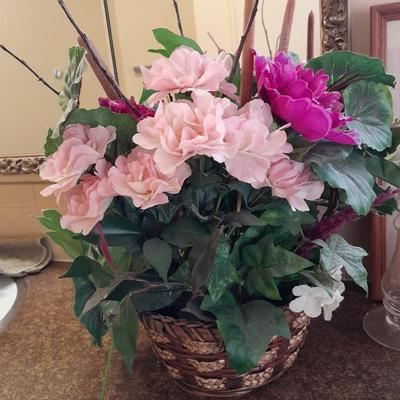 Basket of faux flowers, candle holders with candles, Mother poetry and more