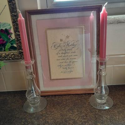Basket of faux flowers, candle holders with candles, Mother poetry and more