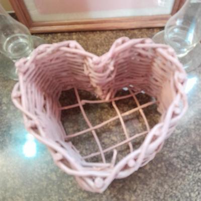 Basket of faux flowers, candle holders with candles, Mother poetry and more