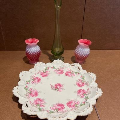 Green swung vase, 2 Fenton vases & Austrian plate