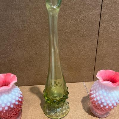 Green swung vase, 2 Fenton vases & Austrian plate