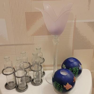 Candles, glass floral holder