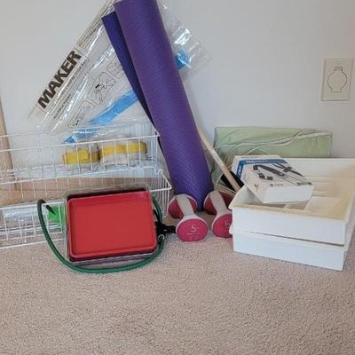 Weights, yoga mat, storage
