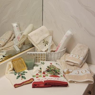 Holiday towels, basket, misc