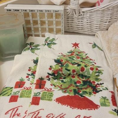Holiday towels, basket, misc