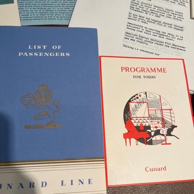 Vintage Cunard Cruise menus, program & travel indo