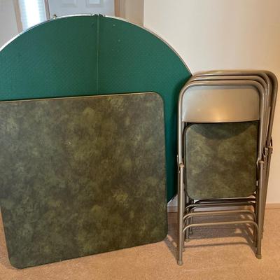 Folding table, 4 chairs & round topper