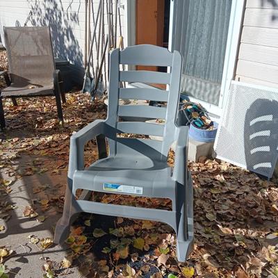 SMOKEY GLASS TOP PATIO TABLE AND TWO BIG EASY ROCKING CHAIRS