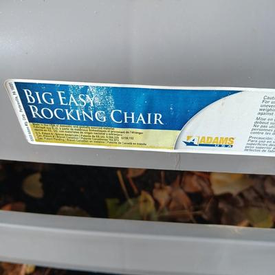 SMOKEY GLASS TOP PATIO TABLE AND TWO BIG EASY ROCKING CHAIRS