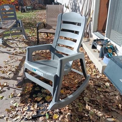 SMOKEY GLASS TOP PATIO TABLE AND TWO BIG EASY ROCKING CHAIRS