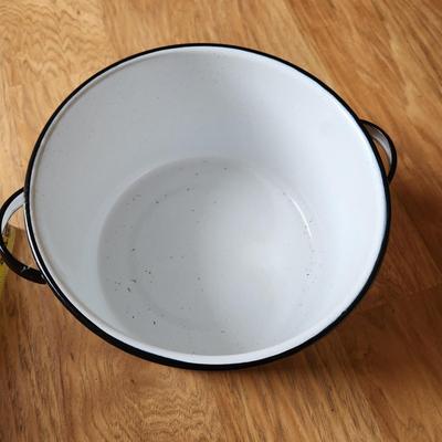 2 Vintage Enamelware Pots Green Trim w handle & White w Black trim