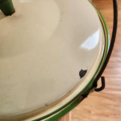 2 Vintage Enamelware Pots Green Trim w handle & White w Black trim