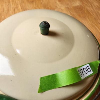 2 Vintage Enamelware Pots Green Trim w handle & White w Black trim