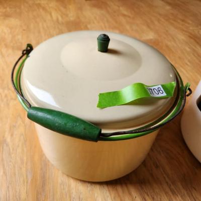 2 Vintage Enamelware Pots Green Trim w handle & White w Black trim