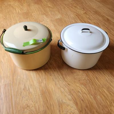 2 Vintage Enamelware Pots Green Trim w handle & White w Black trim