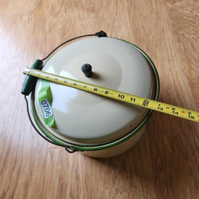 2 Vintage Enamelware Pots Green Trim w handle & White w Black trim