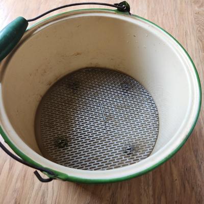 2 Vintage Enamelware Pots Green Trim w handle & White w Black trim