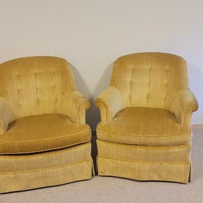 Sale Photo Thumbnail #64: Pair upholstered Henredon fine furniture chairs. Rich gold color. Fabric velvet like. Button back. 28" across, 16" H seat 33" H back