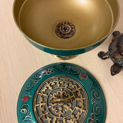 Green metal compote & brass turtle ashtray