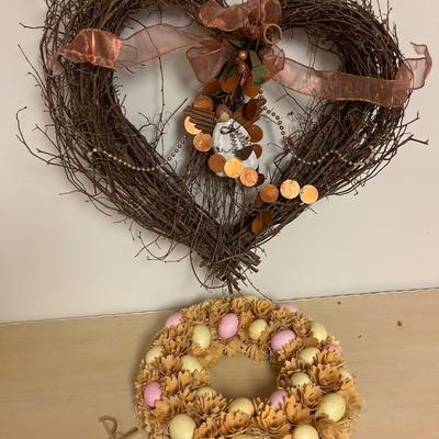 Grapevine heart wreath (24”w) & Easter wreath (16”), cross