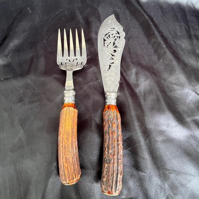 Lot 216 English Silver & Elk horn serving pieces