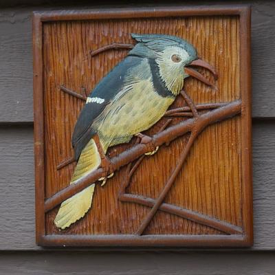 UNIQUE VINTAGE 1940'S - 50'S CARVING OF A BLUE JAY ON BOARD. HAND PAINTED - FOLK ART CRAFT