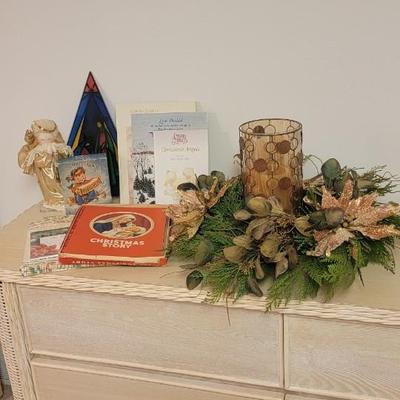 Candle, wreath, books cards