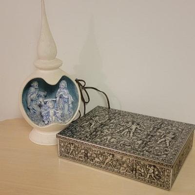 Lighted Manger scene. Metal tin