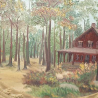 ANTIQUE OIL ON BOARD /HOUSE IN WOODLAND SETTING IN LATE 19TH CENTURY OVAL GESSO FRAME