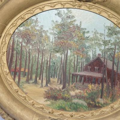 ANTIQUE OIL ON BOARD /HOUSE IN WOODLAND SETTING IN LATE 19TH CENTURY OVAL GESSO FRAME