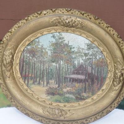 ANTIQUE OIL ON BOARD /HOUSE IN WOODLAND SETTING IN LATE 19TH CENTURY OVAL GESSO FRAME