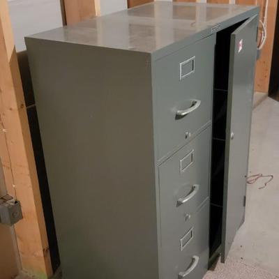 Sale Photo Thumbnail #291: Metal file storage, three drawer plus door Welham brand 29.5W 39 H 18 D