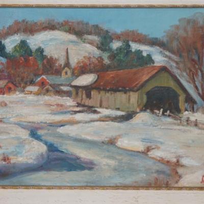 CHARMING OIL PAINTING OF A WINTER VILLAGE LANDSCAPE W/BARN, CHURCH AND HILLS. 1940-1960