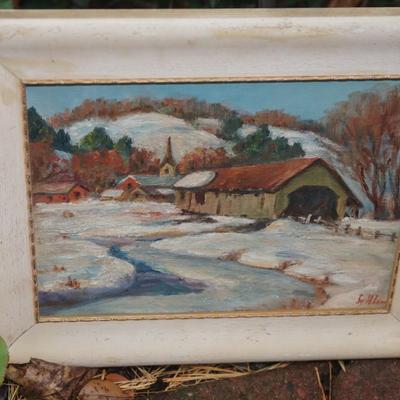 CHARMING OIL PAINTING OF A WINTER VILLAGE LANDSCAPE W/BARN, CHURCH AND HILLS. 1940-1960