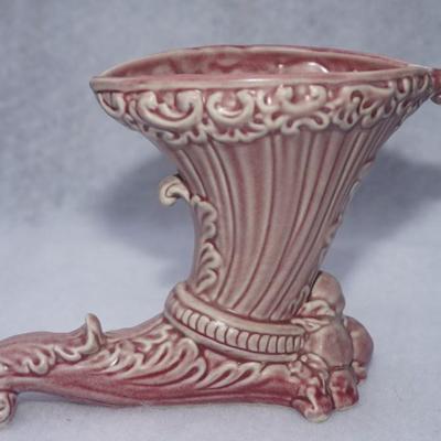 VINTAGE PITTSVILLE POTTERY OF WISCONSIN / TEAL EMBOSSED GLAZED VASE & WISCONSIN POTTERY CORNUCOPIA VASE OF ROSE TONE