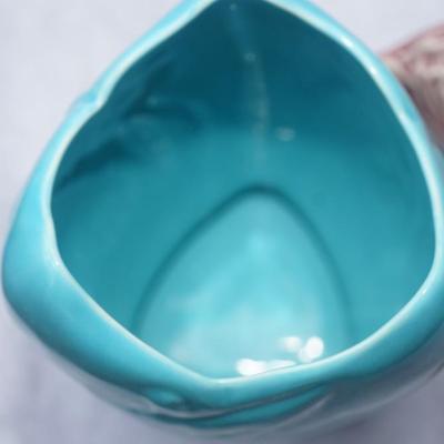 VINTAGE PITTSVILLE POTTERY OF WISCONSIN / TEAL EMBOSSED GLAZED VASE & WISCONSIN POTTERY CORNUCOPIA VASE OF ROSE TONE