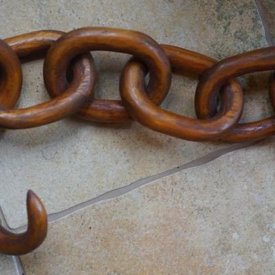 AMAZING VINTAGE PRISON FOLK ART - HAND CARVED LINK 7FT CHAIN WITH HOOKS AT END