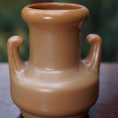 WISCONSIN ART 5" HANDLED POTTERY VASE & 5 1/2" WOOD CARVED RAM FOLK ART